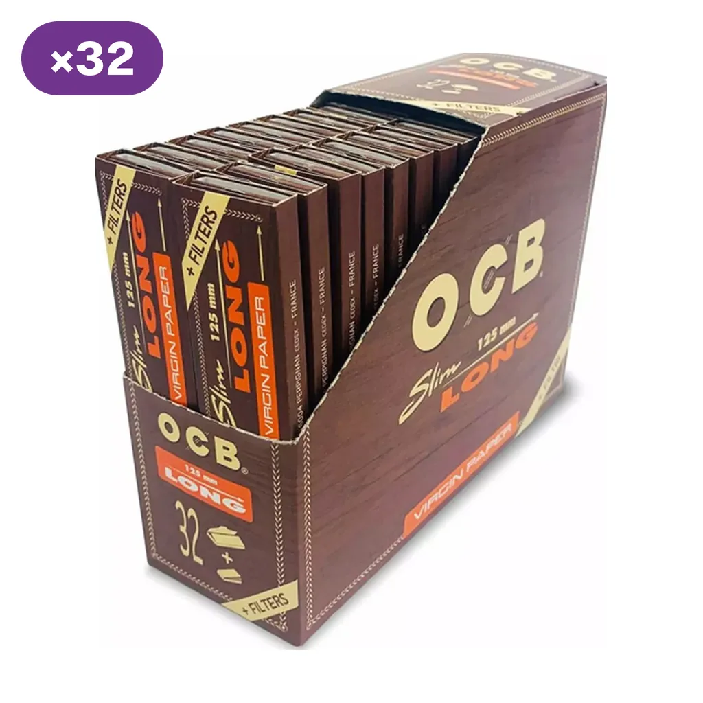 Expositor marrón de papel OCB Virgin Slim Long con tips, con varios librillos, indicación de 125 mm y distintivo de 32 unidades.