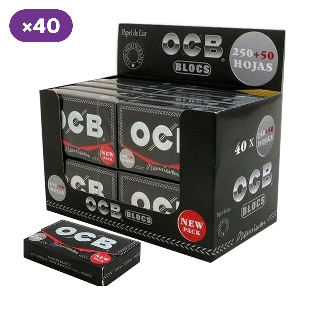 Caja expositora de papel OCB Premium con varios blocs negros y uno delante; se leen «250+50 hojas» y «40».
