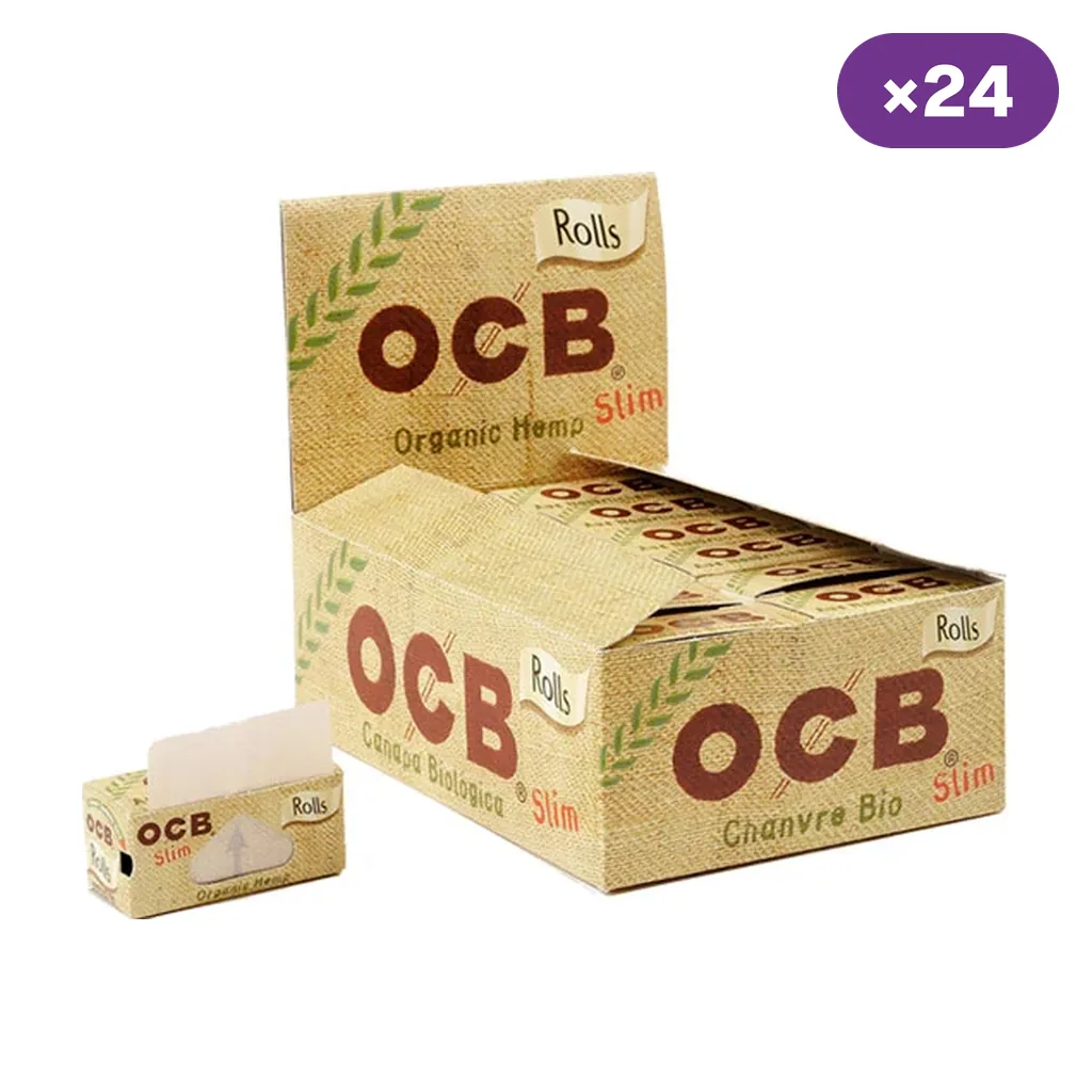 Caja expositora OCB Rolls Organic Hemp Slim con estuches de papel en rollo, uno abierto delante y distintivo de 24 unidades.