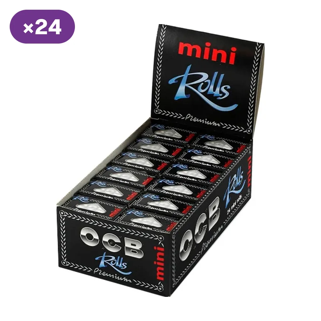Caja expositora negra de OCB Premium Mini Rolls con varias unidades, logotipos plateados y azules e indicación de 24 unidades.