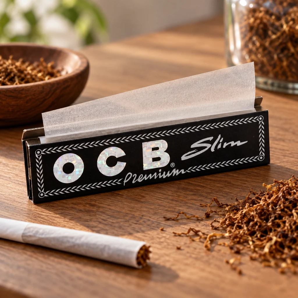 Librito negro OCB Premium Slim abierto con un papel desplegado, junto a tabaco suelto y un cigarrillo sobre una mesa de madera.