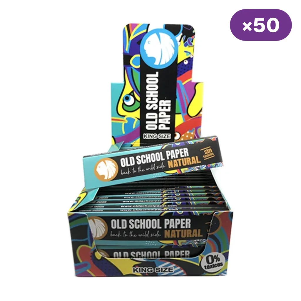 Caja expositora de papel Old School Natural King Size con librillos de diseño multicolor y distintivo de 50 unidades.