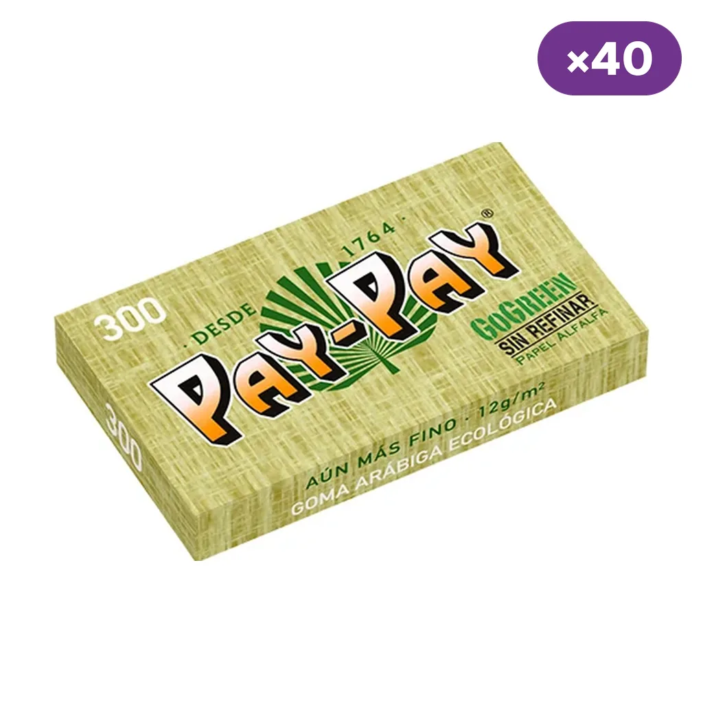 Bloc verde de papel de liar Pay-Pay GoGreen visto en perspectiva, con las indicaciones «300», «Sin refinar» y distintivo «×40».