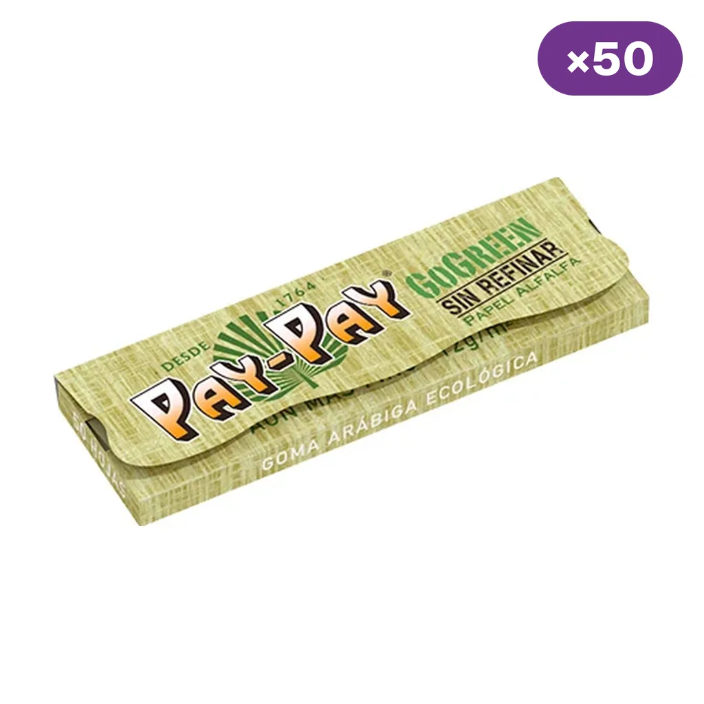 Librito verde de papel Pay-Pay GoGreen en diagonal, con los textos «sin refinar» y «papel de alfalfa», y distintivo de 50 unidades.