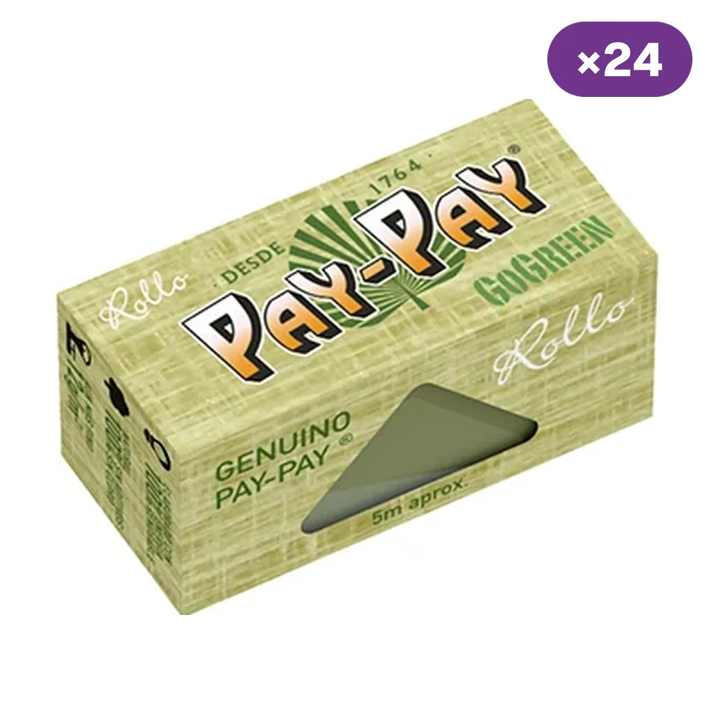 Caja verde de papel Pay-Pay GoGreen en rollo, con abertura frontal, indicación de 5 m aproximadamente y distintivo de 24 unidades.