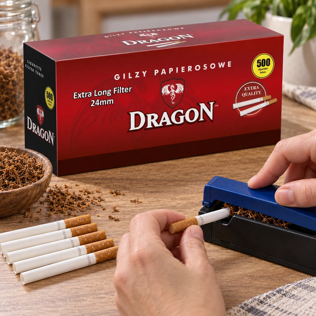 Manos rellenando un tubo con una máquina manual azul, junto a tabaco suelto, varios tubos y una caja roja Dragon de filtro extra largo.