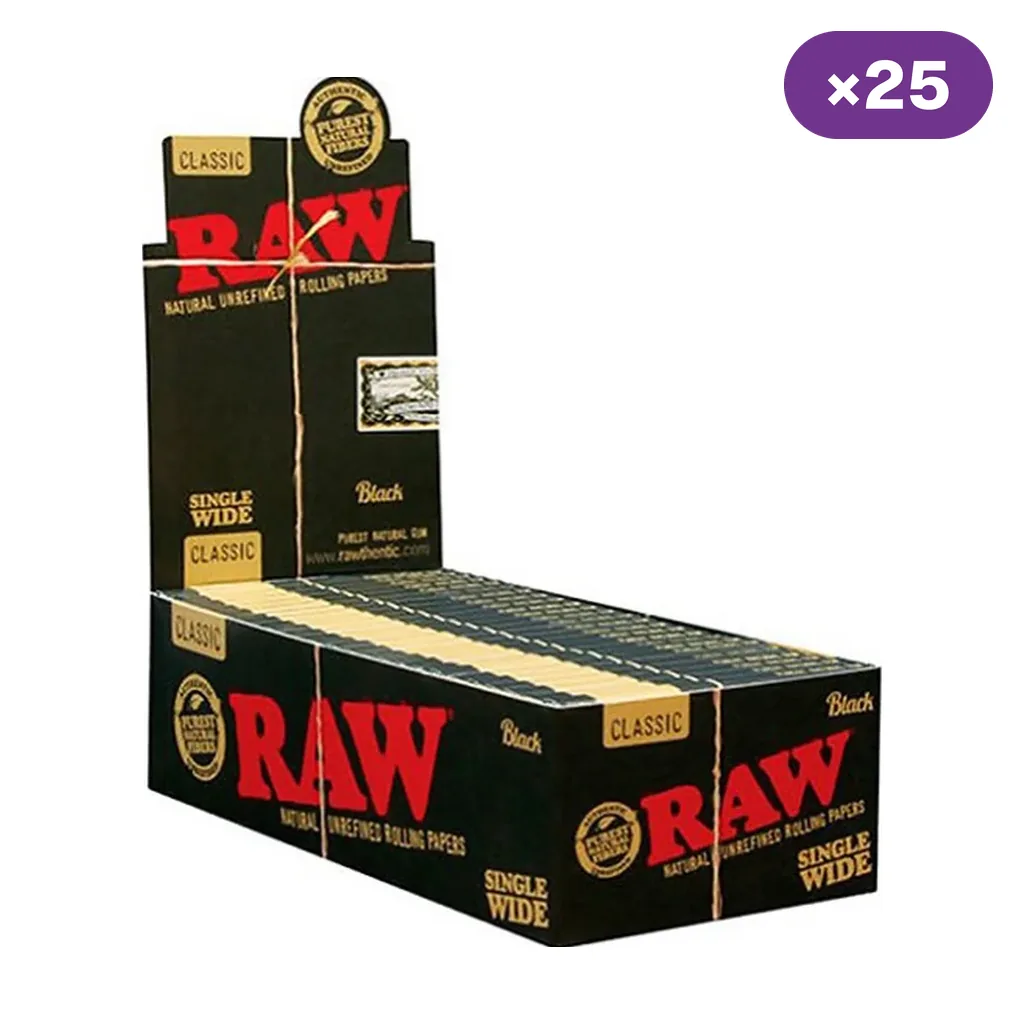 Caja expositora de papel RAW Black Single Wide con varios librillos, diseño negro y letras rojas, y distintivo de 25 unidades.