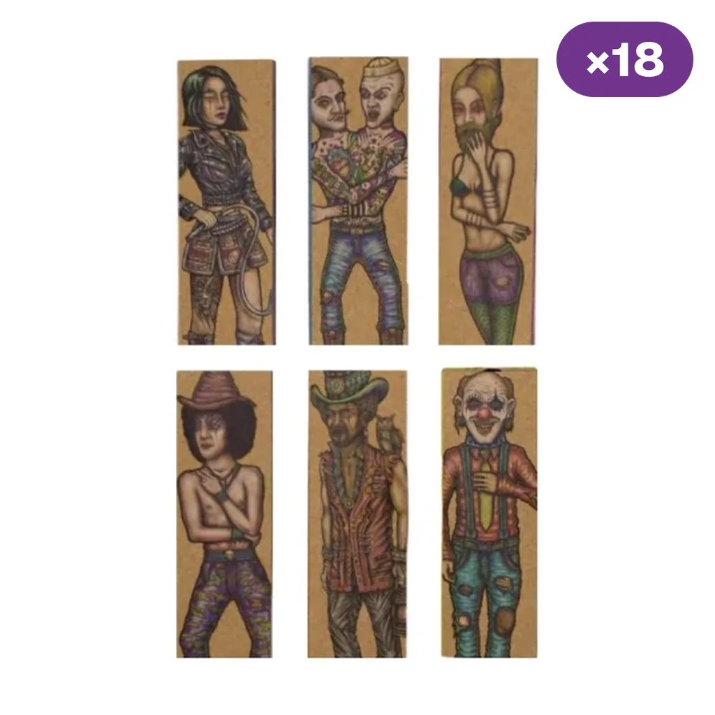 Selección de diseños de librillos Rolling Circus Natural con personajes ilustrados sobre fondo marrón y distintivo de 18 unidades.