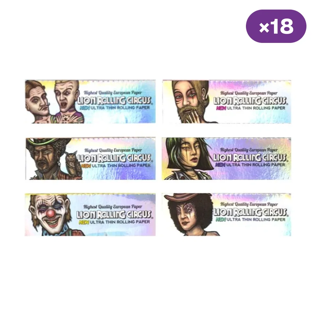 Selección de librillos Lion Rolling Circus con acabado iridiscente y distintos personajes ilustrados, junto al indicador ×18.