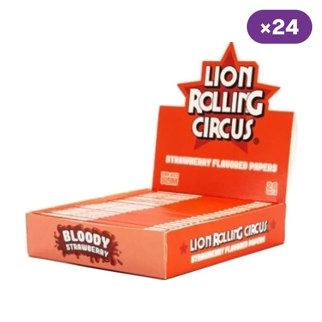Expositor naranja de papel Lion Rolling Circus Bloody Strawberry, con libritos en filas y distintivo de 24 unidades.