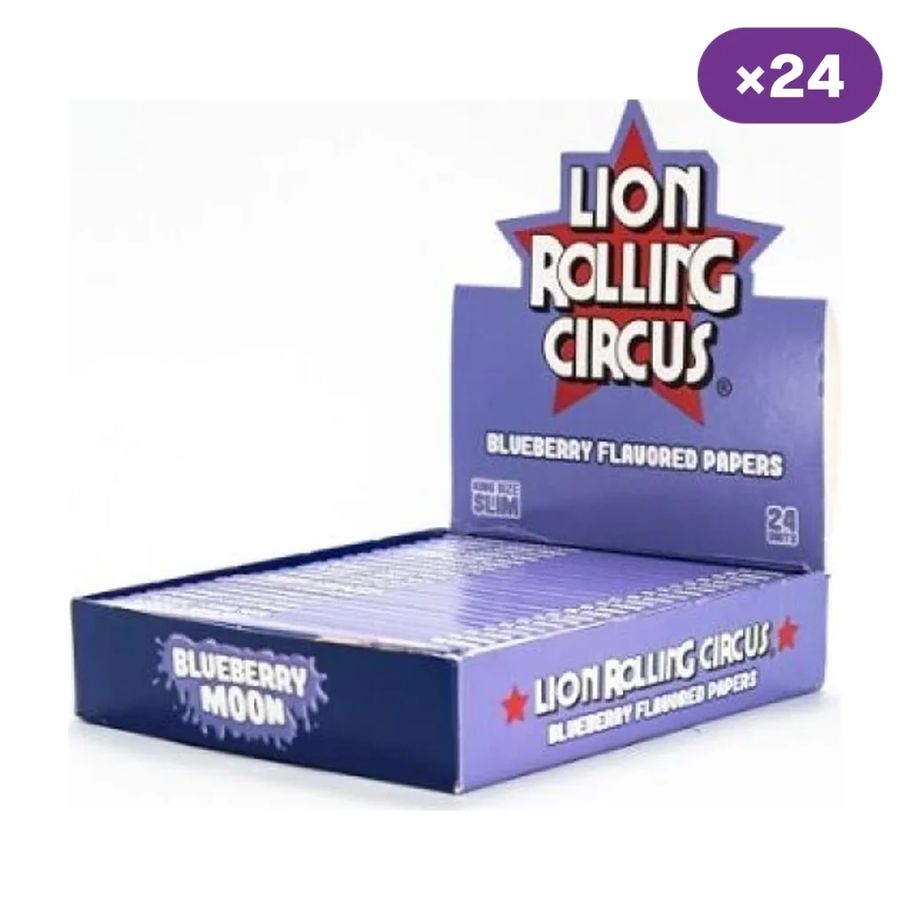 Expositor morado de papel Lion Rolling Circus Blueberry Moon con varios librillos y distintivo de 24 unidades.