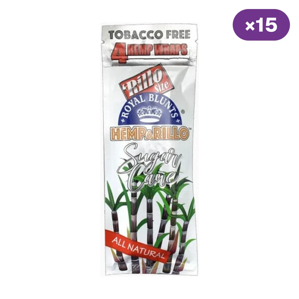 Envase de papel blunt Hemparillo Sugar Cane con ilustraciones de caña de azúcar, texto «Tobacco Free» e indicador de 15 unidades.