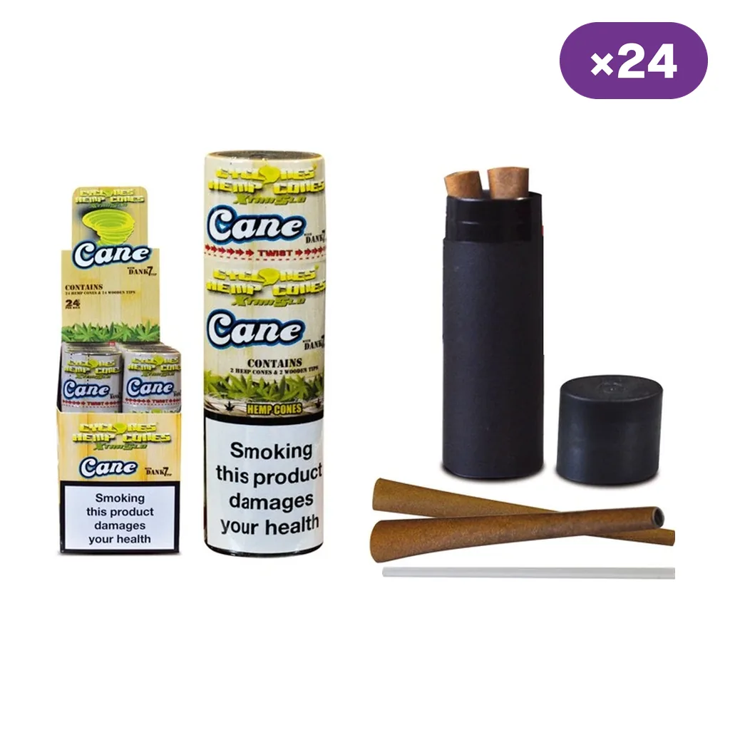Cyclones Cane con expositor, envase cilíndrico, tubo negro abierto y conos marrones junto a una varilla; distintivo de 24 unidades.