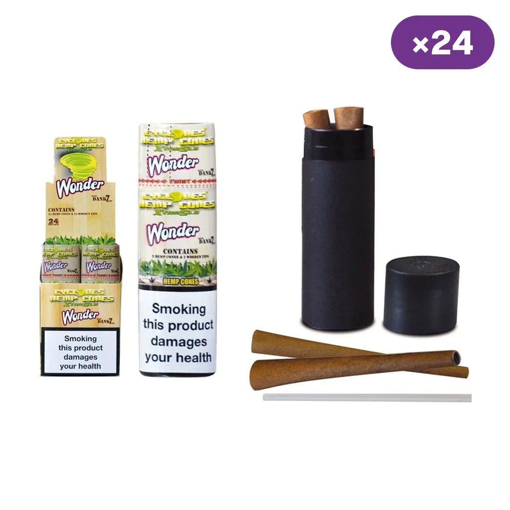 Expositor Cyclones Wonder, envase etiquetado, tubo negro abierto y conos marrones sobre fondo blanco, con distintivo ×24.