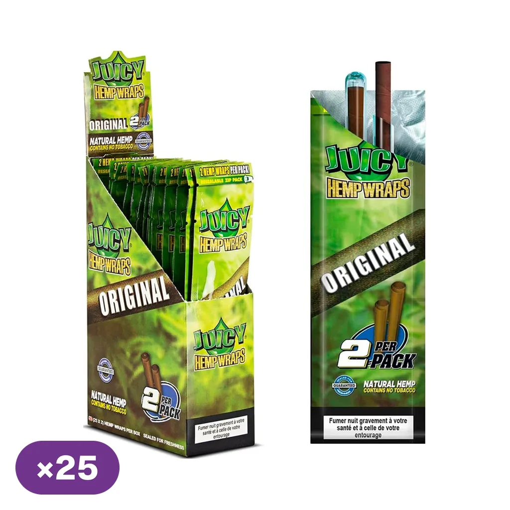 Expositor de Juicy Hemp Wraps Original con varios sobres verdes y un sobre ampliado al lado, rotulado con dos unidades por paquete.