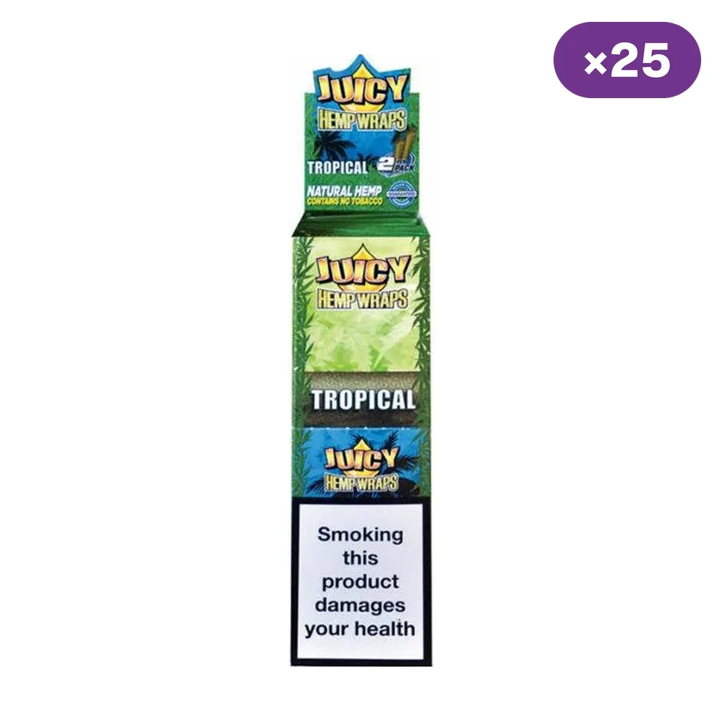 Caja expositora verde y azul de Juicy Hemp Wraps Tropical, con advertencia sanitaria frontal e indicador de 25 unidades.