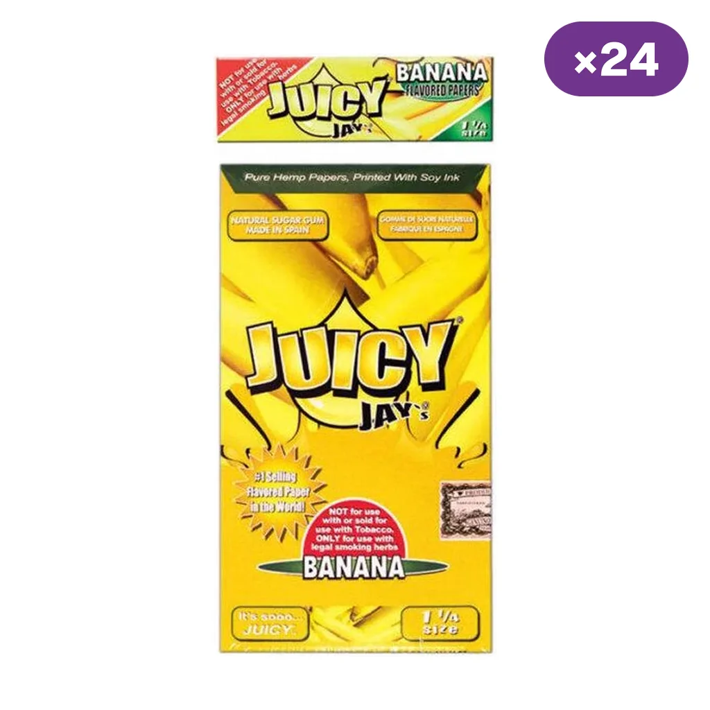 Papel Juicy Jay's Banana en envases amarillos con dibujos de plátanos, formato 1 1/4 y distintivo de 24 unidades.