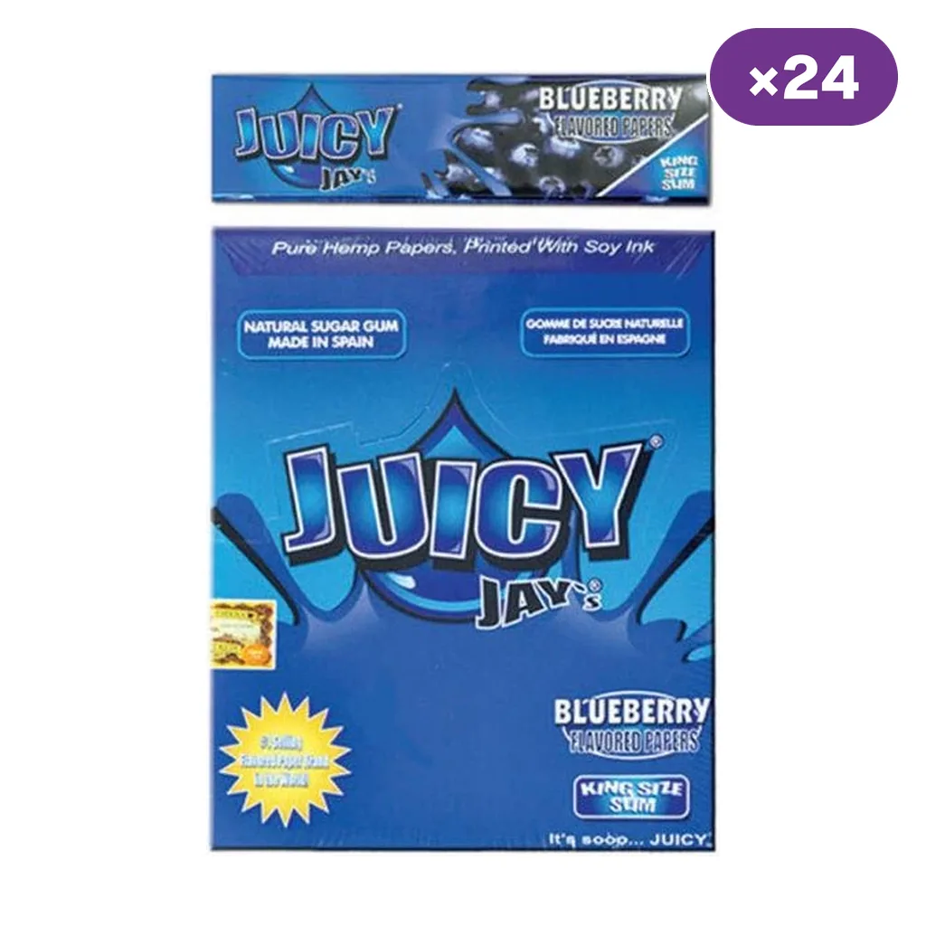 Caja azul y librillo de papel Juicy Jay's Blueberry King Size Slim, con dibujos de arándanos y un distintivo de 24 unidades.