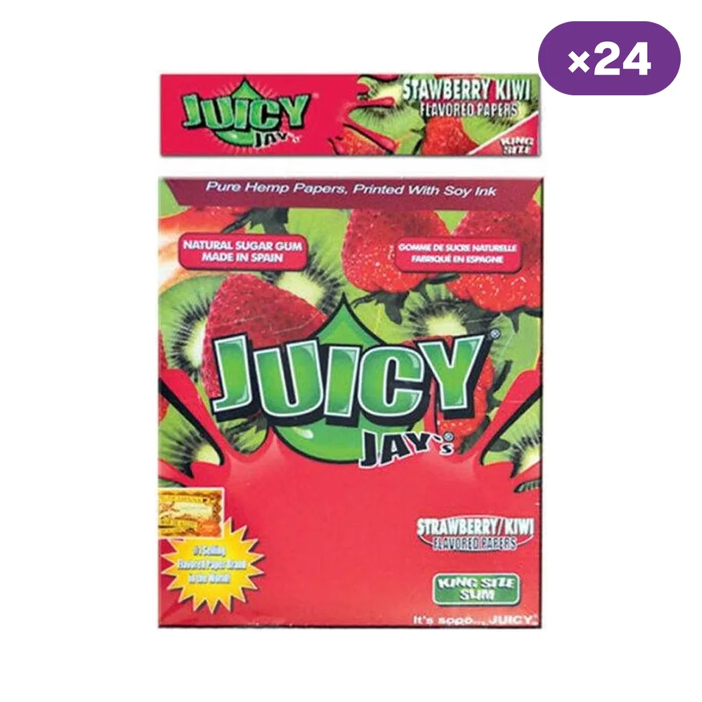 Caja y librillo de papel Juicy Jay's Strawberry Kiwi King Size Slim, con diseño de fresas y kiwis e indicación de 24 unidades.