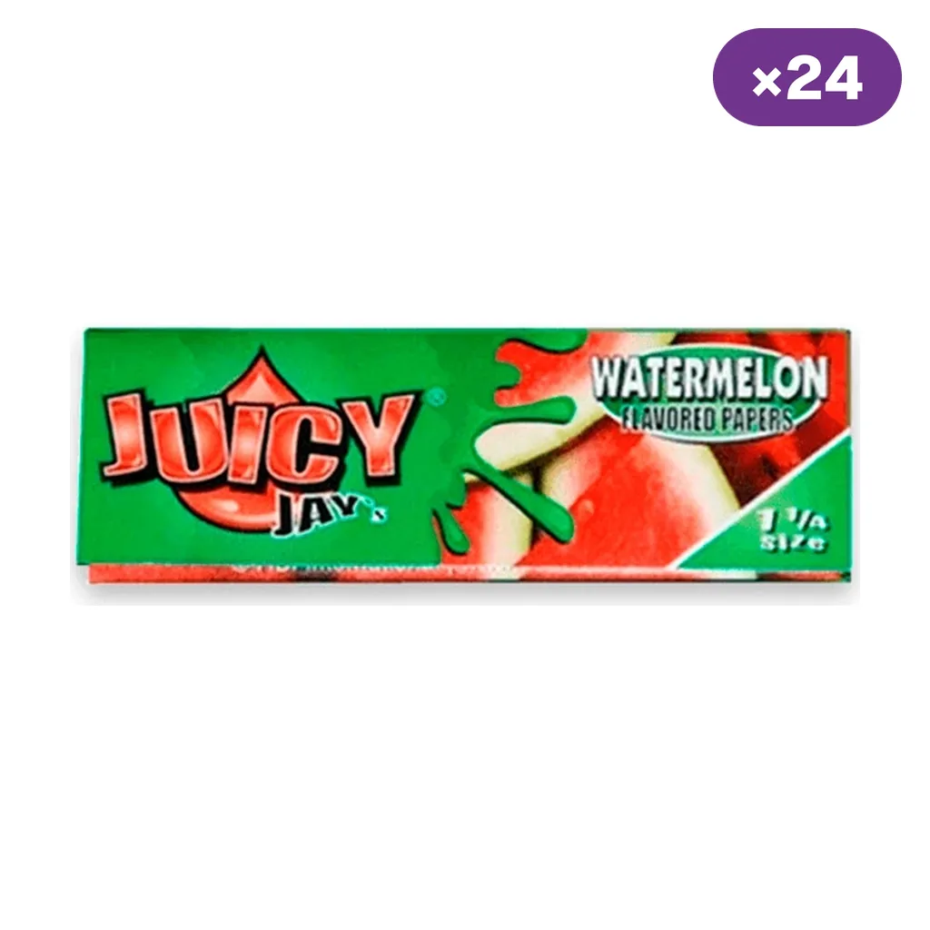 Librillo verde de papel Juicy Jay's de sandía, con ilustración de la fruta, formato 1 1/4 y distintivo de 24 unidades.