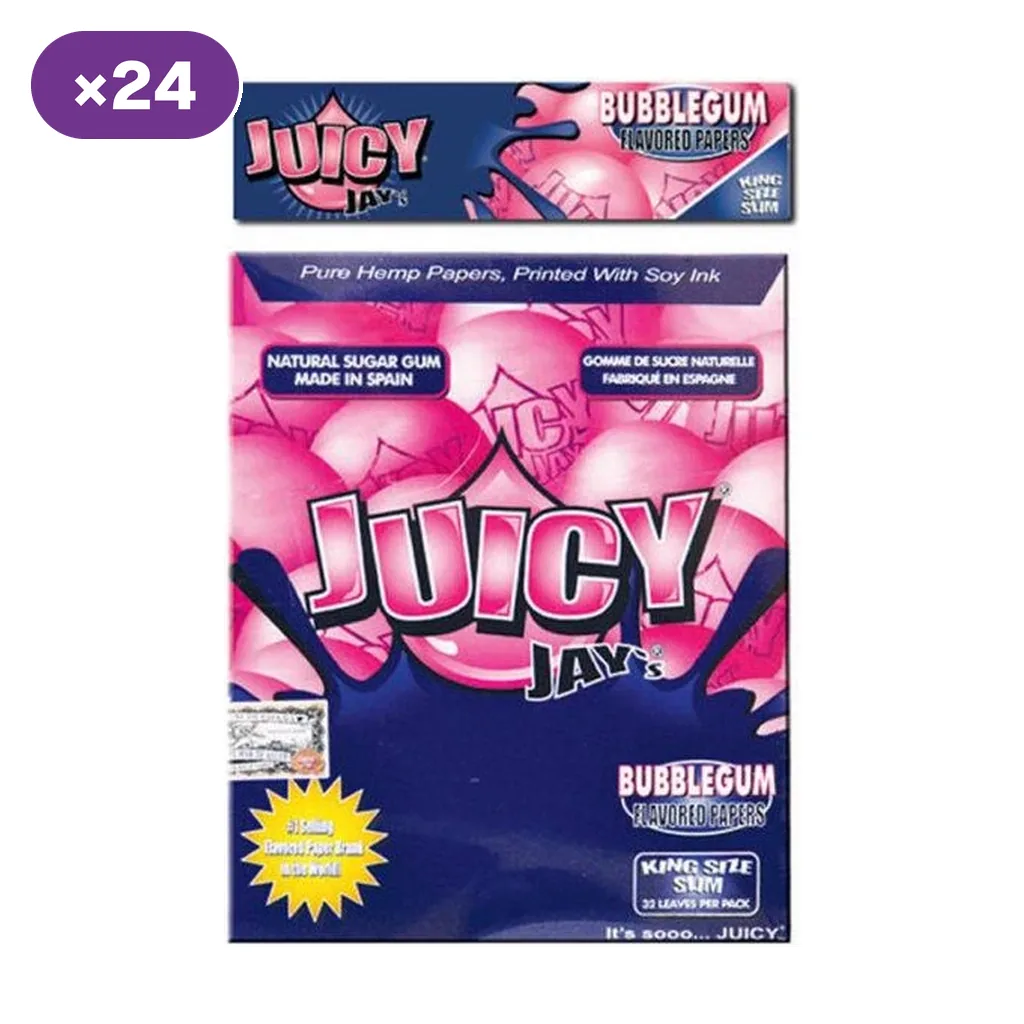 Caja y librillo de papel Juicy Jay's Bubblegum King Size Slim, con diseño rosa y azul y distintivo de 24 unidades.
