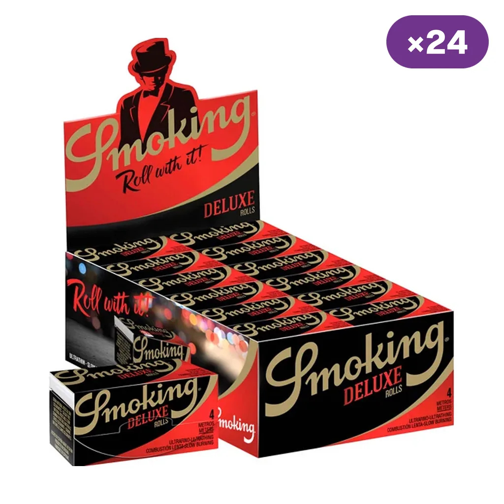 Expositor rojo y negro de Smoking Rolls Deluxe con varias cajas, una delante y un distintivo de 24 unidades; el envase indica 4 metros.