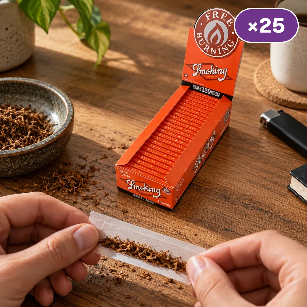 Manos sosteniendo papel con tabaco junto a una caja expositora naranja de Smoking, con varios libritos y un distintivo que indica 25 unidades.