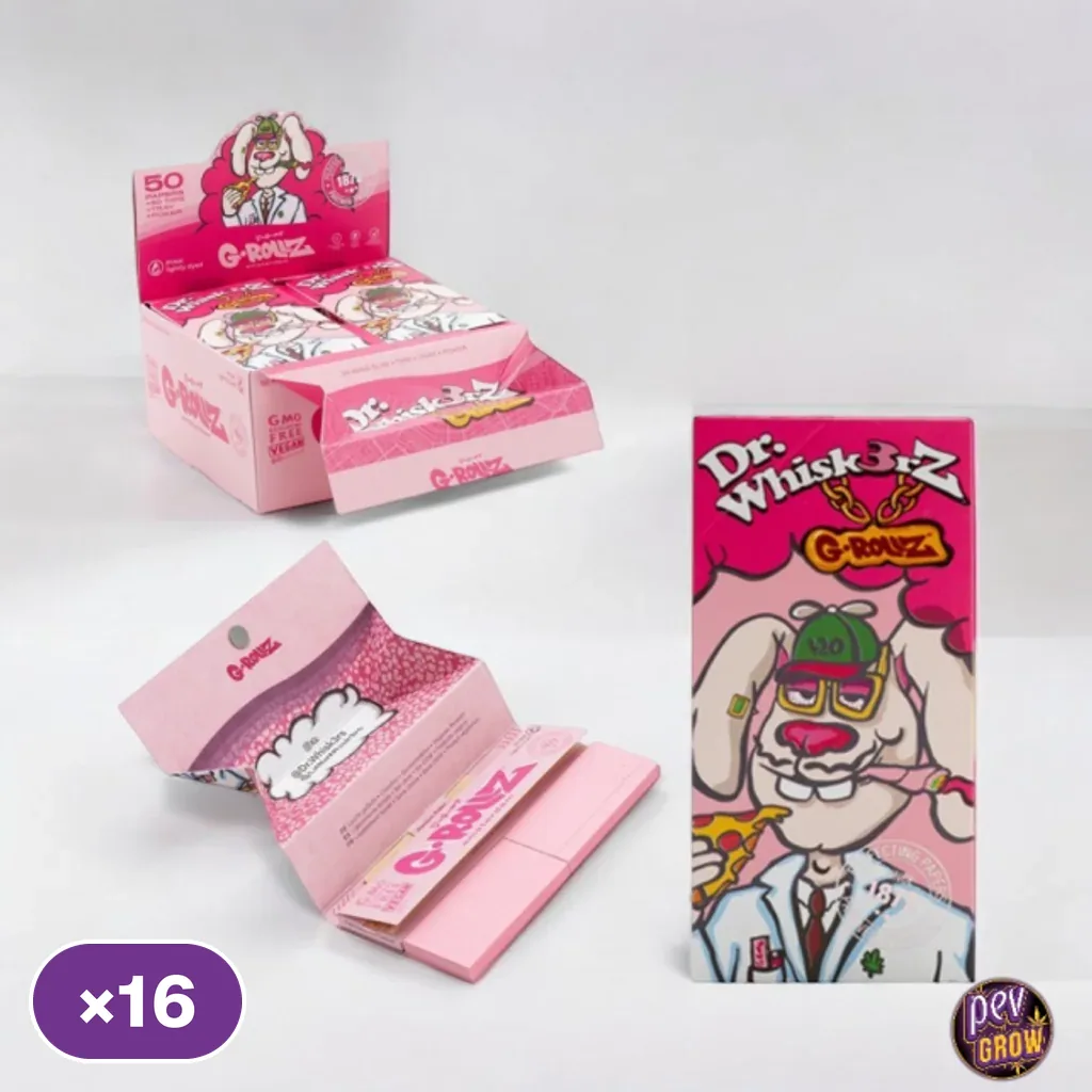 Expositor y librillo rosa G-Rollz Dr. Whisk3rz, abierto para mostrar papel, tips y bandeja, con ilustración de un conejo y distintivo ×16.