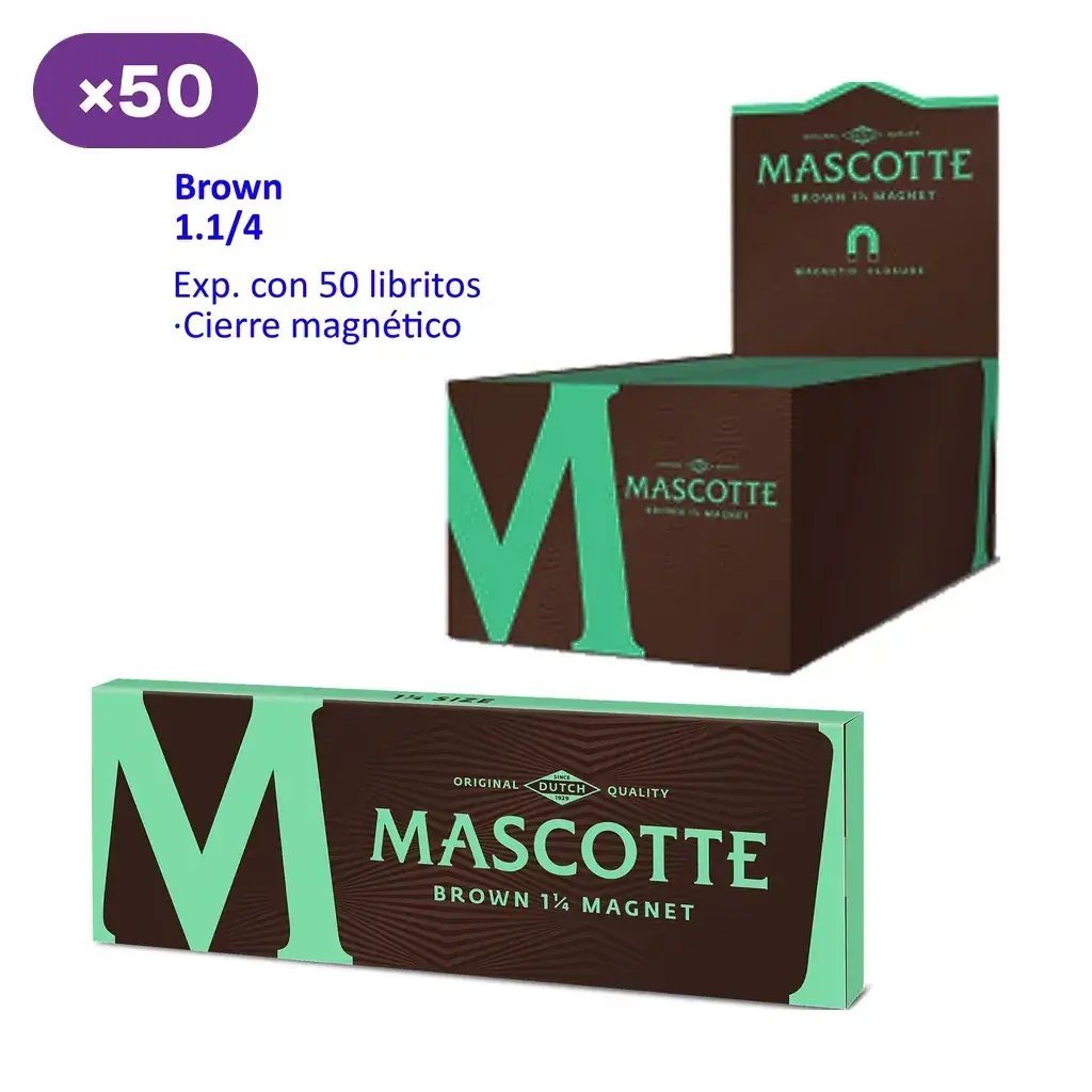 Librillo Mascotte Brown 1 1/4 Magnet marrón y verde junto a su caja expositora, con texto que indica 50 libritos y cierre magnético.