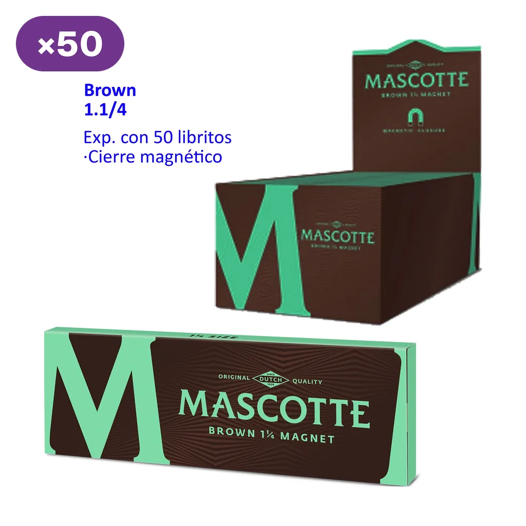 Librillo Mascotte Brown 1 1/4 Magnet marrón y verde junto a su caja expositora, con texto que indica 50 libritos y cierre magnético.