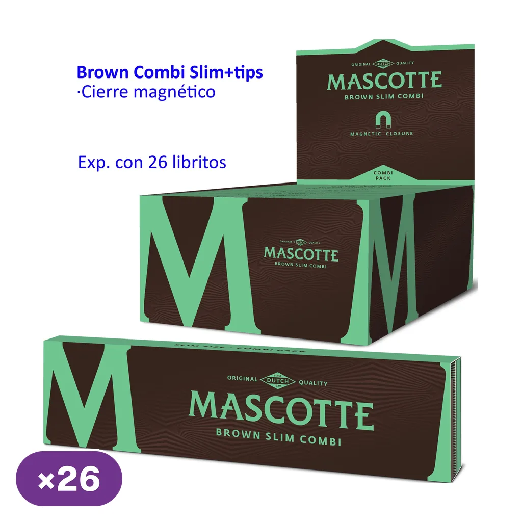 Expositor y librito de papel de liar Mascotte Brown Combi Slim + tips, con diseño marrón y verde y texto sobre cierre magnético.