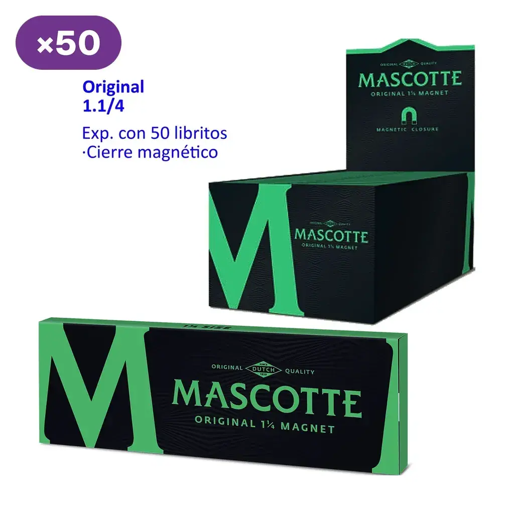 Papel de liar Mascotte Original 1 1/4, con librillo y caja expositora negros y verdes; se indica cierre magnético y 50 libritos.