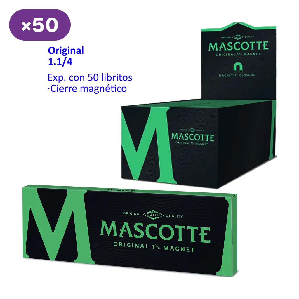 Papel de liar Mascotte Original 1 1/4, con librillo y caja expositora negros y verdes; se indica cierre magnético y 50 libritos.