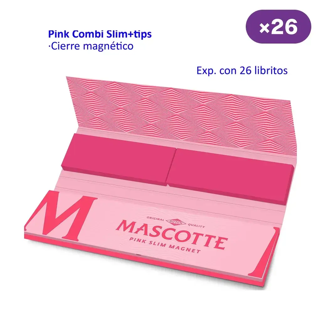 Librillo rosa abierto Mascotte Pink Combi Slim + tips, con cierre magnético; el texto indica un expositor con 26 libritos.