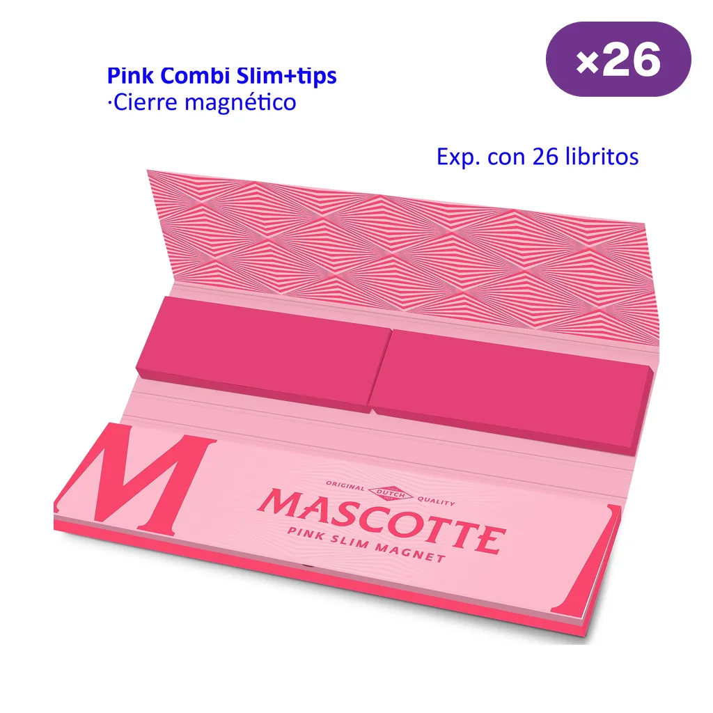 Librillo rosa abierto Mascotte Pink Combi Slim + tips, con cierre magnético; el texto indica un expositor con 26 libritos.