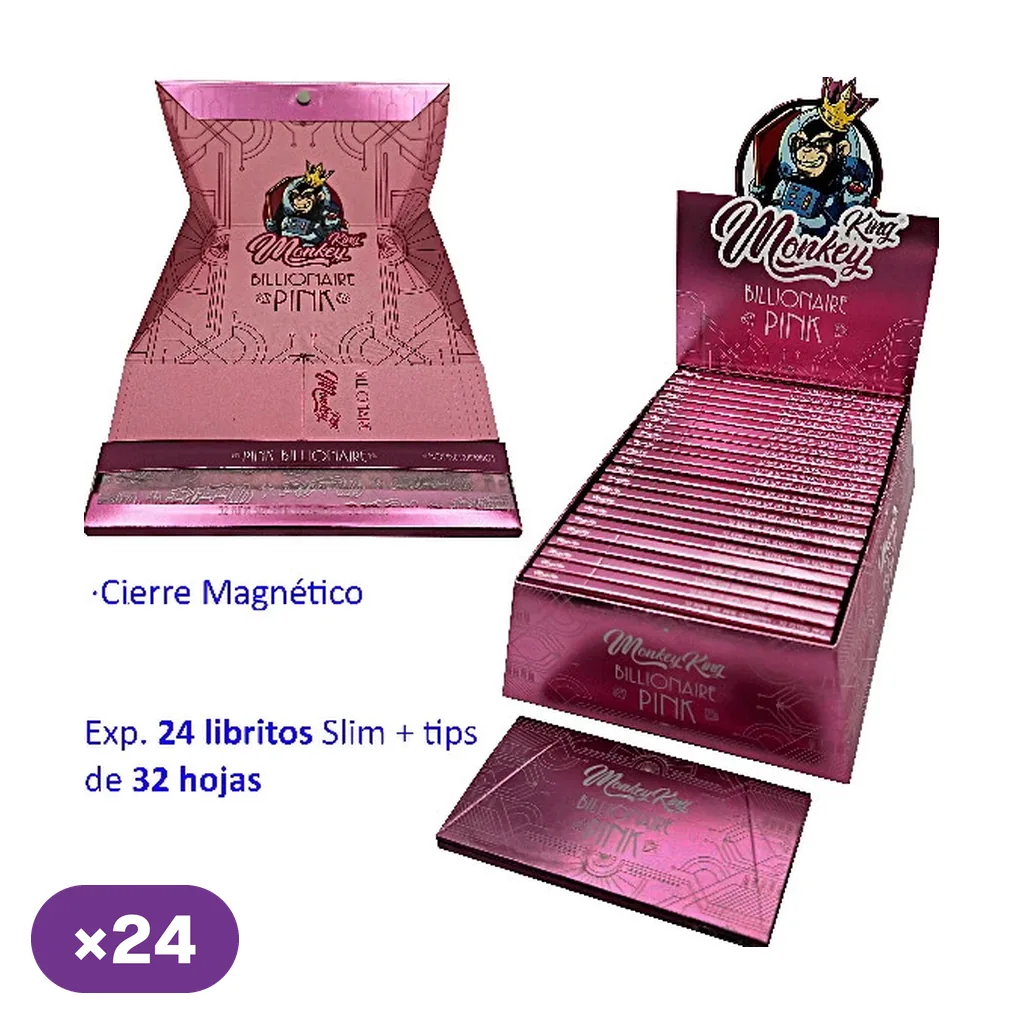 Papel Monkey Billionaire Pink Slim con tips en estuches rosas, con un librito abierto, otro cerrado y una caja expositora con varias unidades.