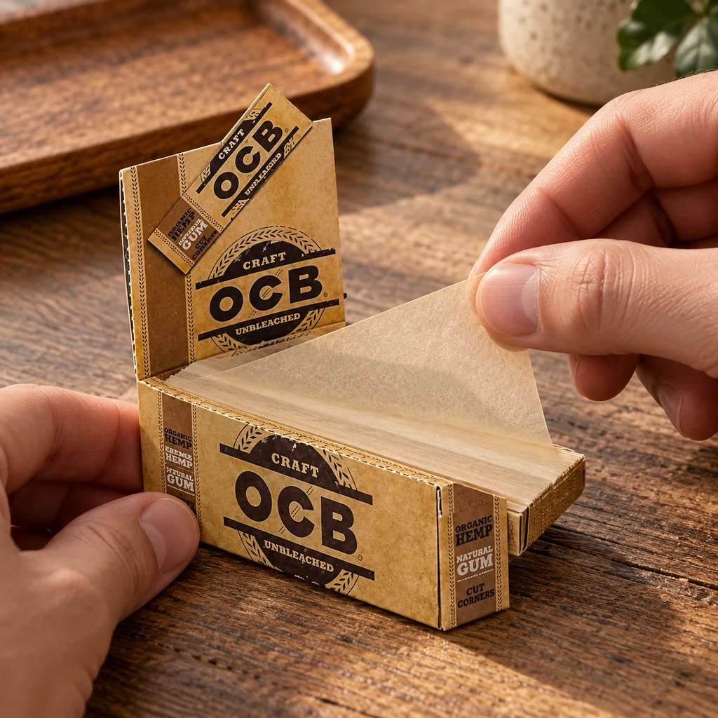 Unas manos extraen una hoja de papel marrón translúcido de un librito OCB Craft abierto sobre una mesa de madera.