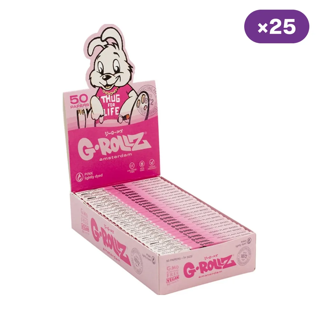 Caja expositora rosa de papel G-Rollz con varios libritos, un conejo con camiseta «Thug for Life» y el distintivo «×25».