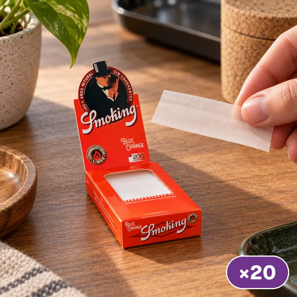 Una mano sostiene un papel junto a un bloque rojo Smoking Orange abierto, con la cifra 200 en el envase y un distintivo de 20 unidades.