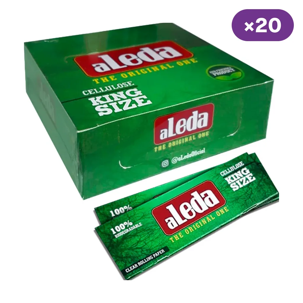 Caja verde de papel de celulosa aLeda King Size con librillos delante y distintivo de 20 unidades en la esquina superior. Caja verde de papel de celulosa aLeda King Size con librillos delante y distintivo de 20 unidades en la esquina superior.