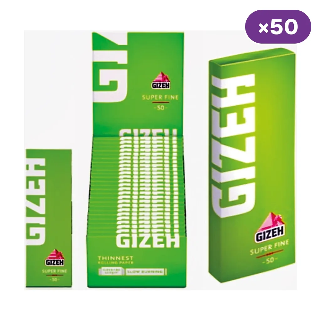 Papel Gizeh Super Fine en envases verdes: un librillo, un expositor abierto y una caja cerrada, con distintivo de 50 unidades.