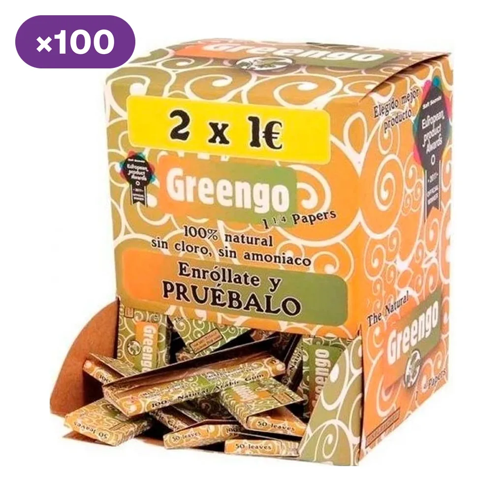 Caja expositora de papel de liar Greengo 1 ¼, decorada en naranja y verde, con varios libritos asomando por la abertura frontal.