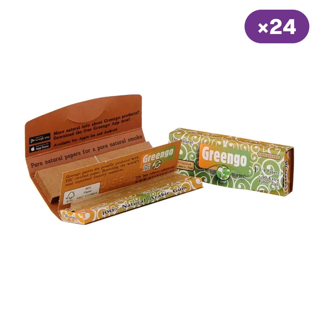 Estuches Greengo de papel de liar 1 ¼ con tips, uno abierto y otro cerrado, en tonos verdes y marrones, con distintivo «×24».