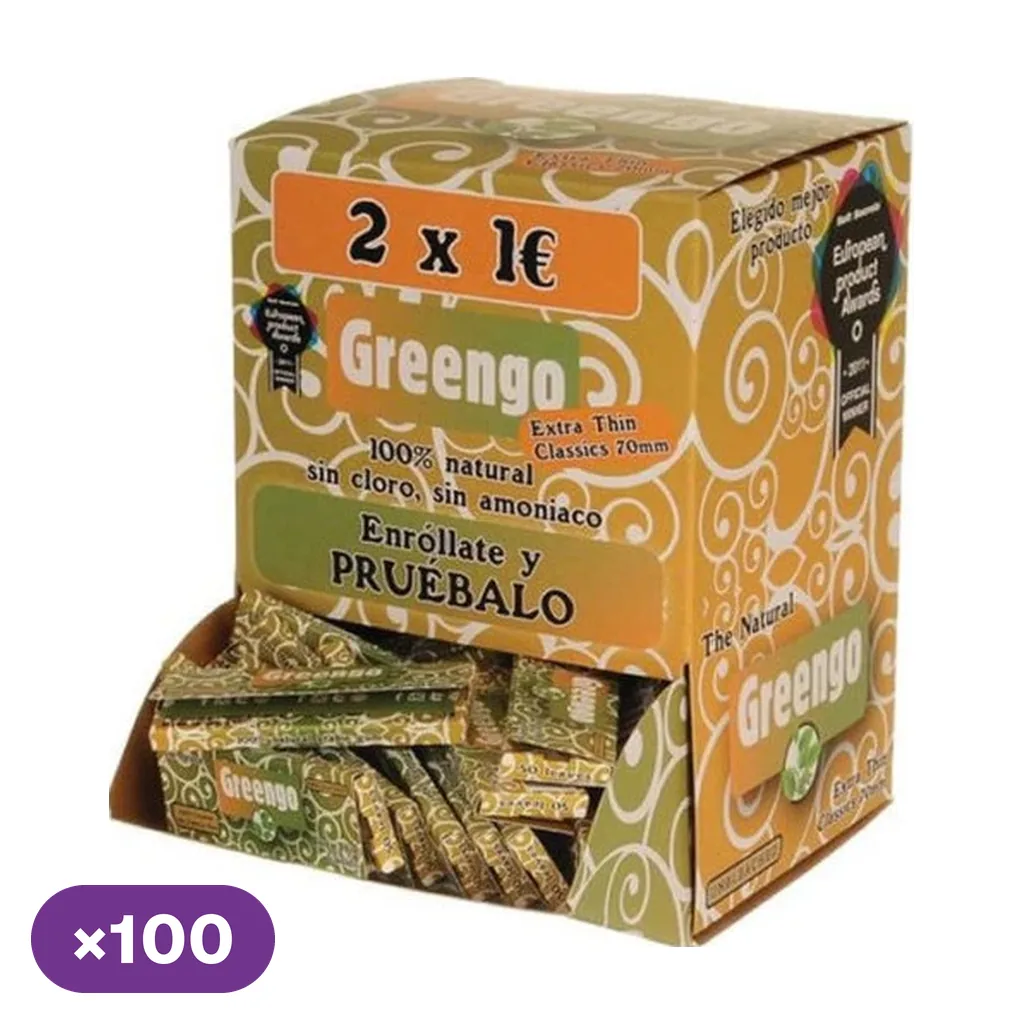 Caja expositora Greengo abierta con varios librillos de papel de liar y diseño amarillo y verde con motivos blancos.