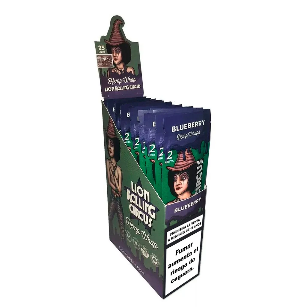 Expositor de Hemp Wraps Lion Rolling Circus con sobres Blueberry verdes y morados, marcados con dos unidades y un personaje con sombrero. Expositor de Hemp Wraps Lion Rolling Circus con sobres Blueberry verdes y morados, marcados con dos unidades y un personaje con sombrero.