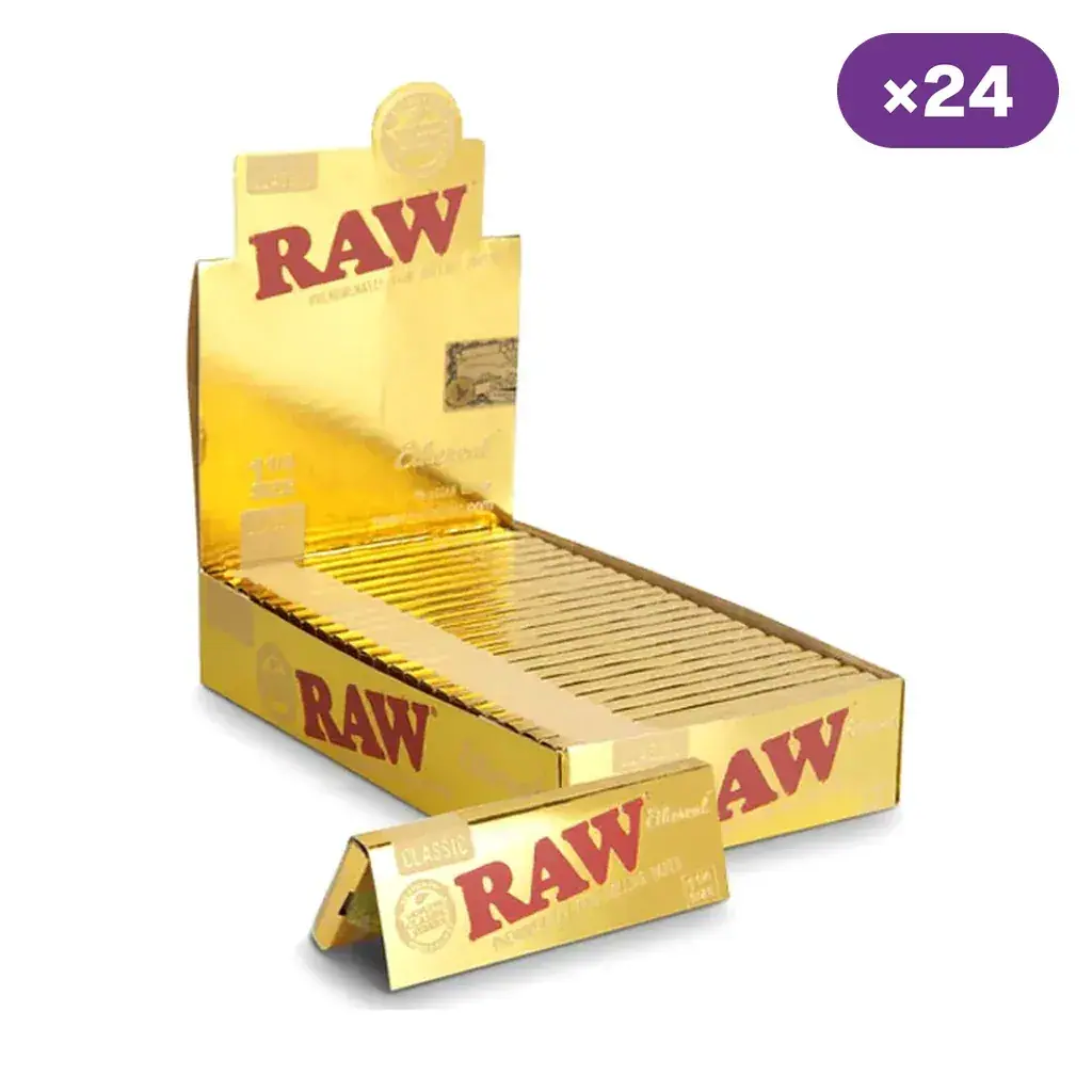 Caja expositora dorada de papel RAW Ethereal con varios librillos, uno delante y un distintivo de 24 unidades.