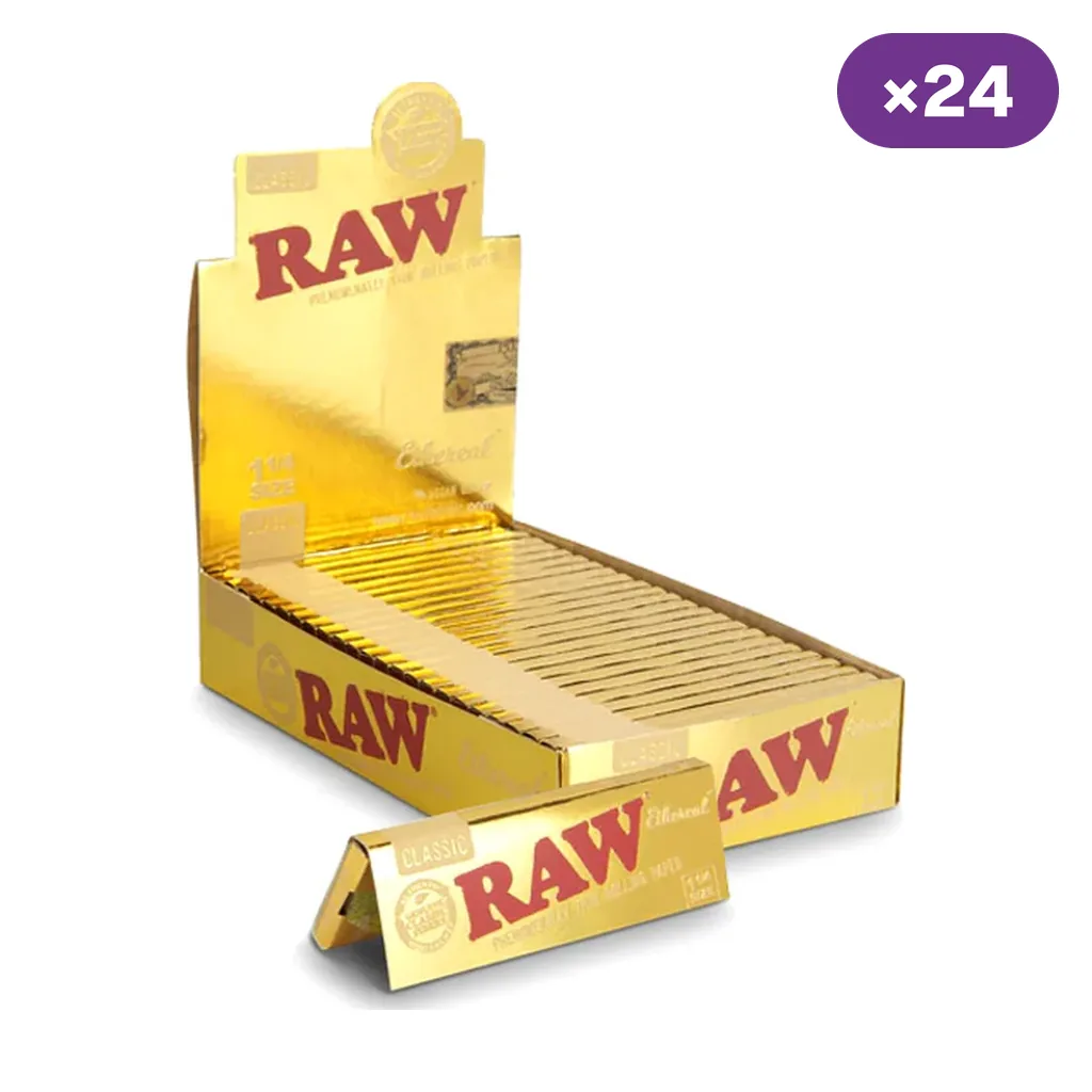Caja expositora dorada de papel RAW Ethereal con varios librillos, uno delante y un distintivo de 24 unidades.