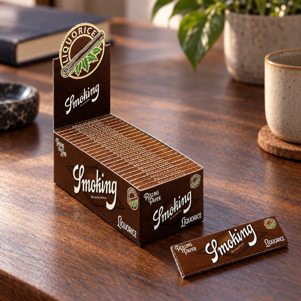 Expositor marrón de papel de liar Smoking Liquorice con varios libritos alineados y uno delante, sobre una mesa de madera.