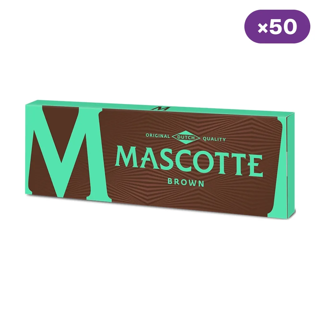 Estuche de papel de liar Mascotte Brown, marrón con bordes verde menta y una gran M, junto a un indicador de 50 unidades.
