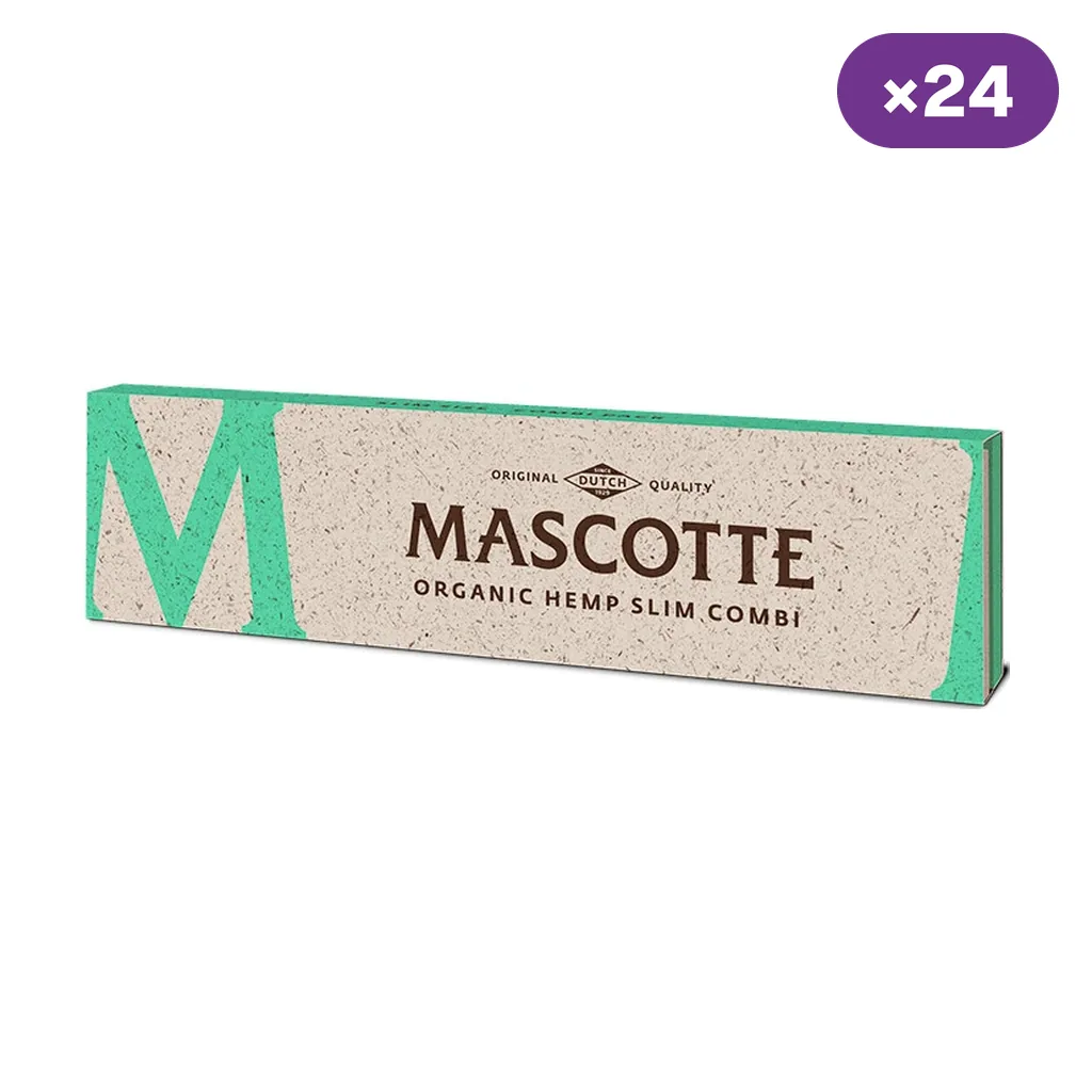Envase alargado Mascotte Organic Hemp Slim Combi, beige con detalles verdes, sobre fondo blanco y con distintivo de 24 unidades. Envase alargado Mascotte Organic Hemp Slim Combi, beige con detalles verdes, sobre fondo blanco y con distintivo de 24 unidades.